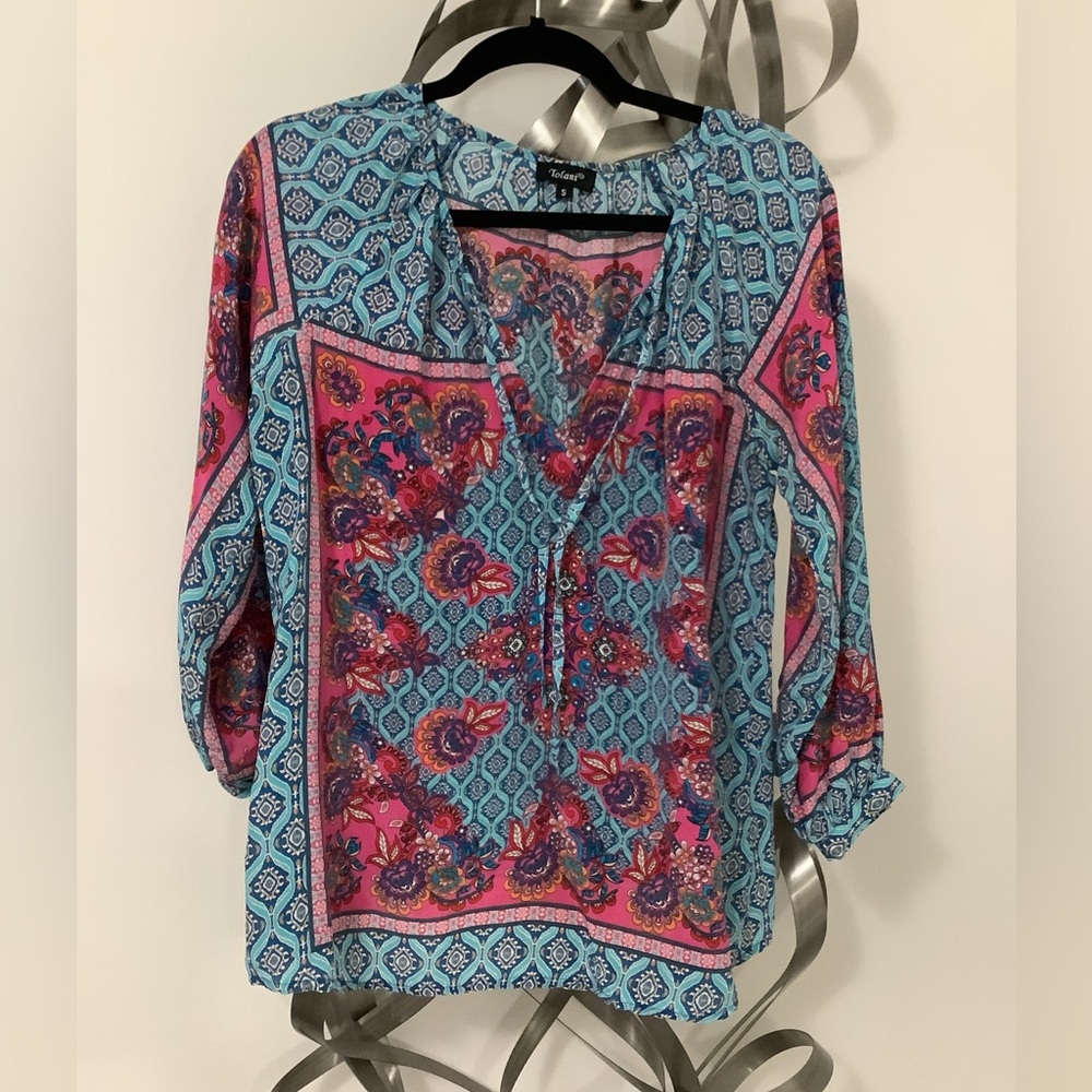 Tolani Silk Bohemian Print Tunic Blouse Small